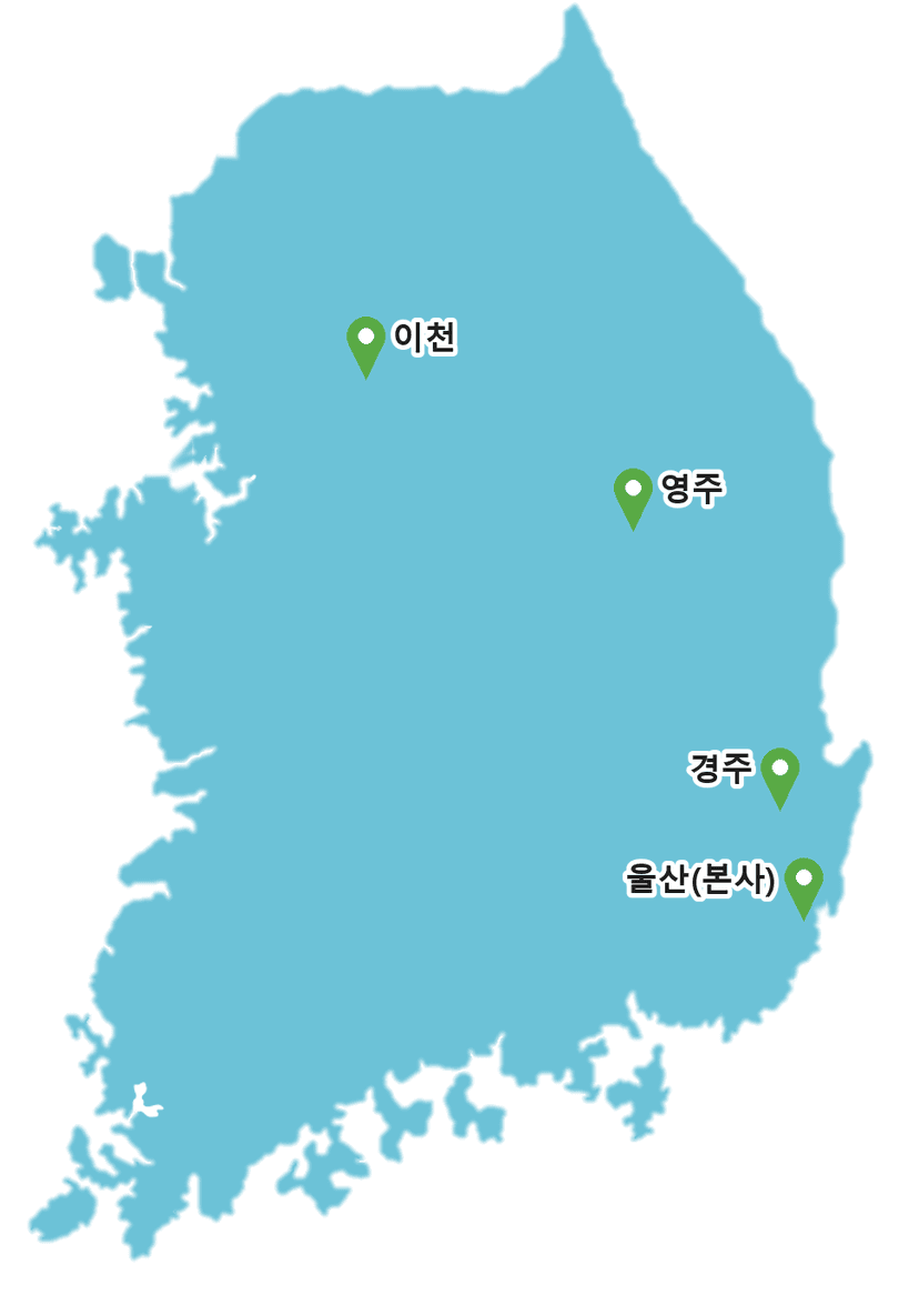 디와이산업개발 사업장 지도 — 울산 본사·경주·영주·이천
