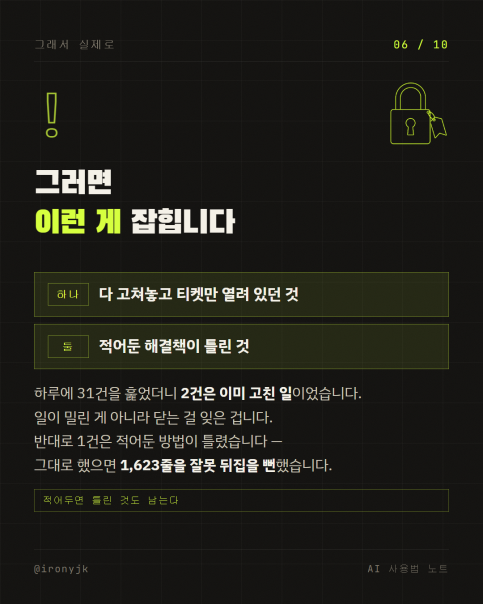 AI가 찾아준 문제는 어디로 가나 — 표 한 장으로 붙잡는 법